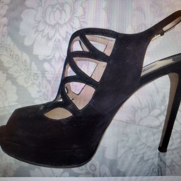 Prada Black Suede Peep-Toe Platform Heels | Ankle Strap Sandals - Picture 2 of 8